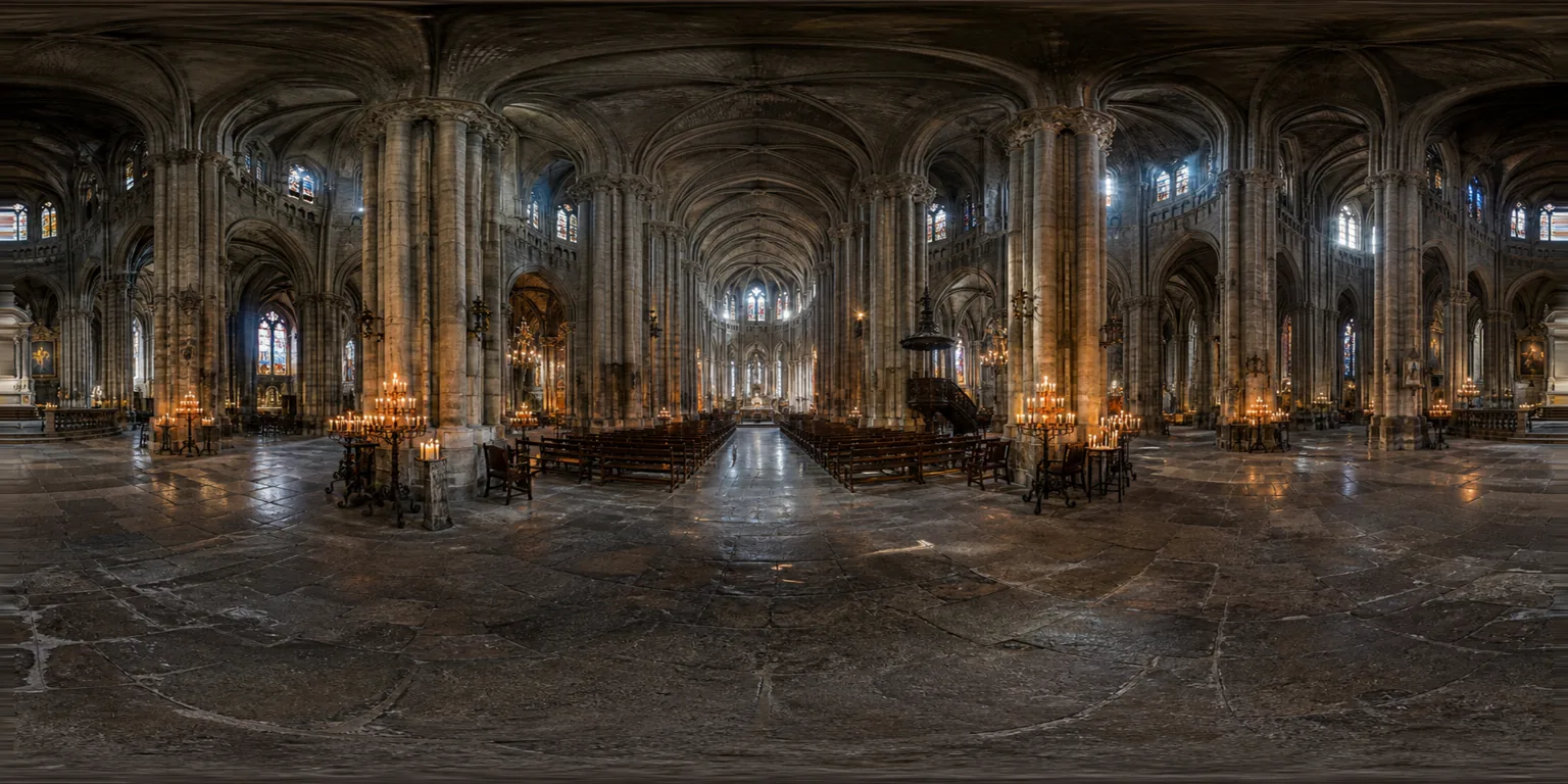 Gothic cathedral interior with candlelit aisles and stained-glass light rays