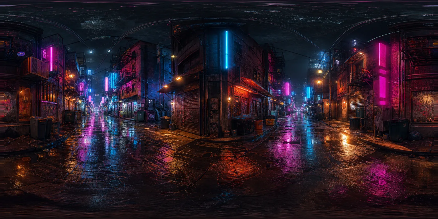 Rain-soaked neon alley with a bicycle in the foreground