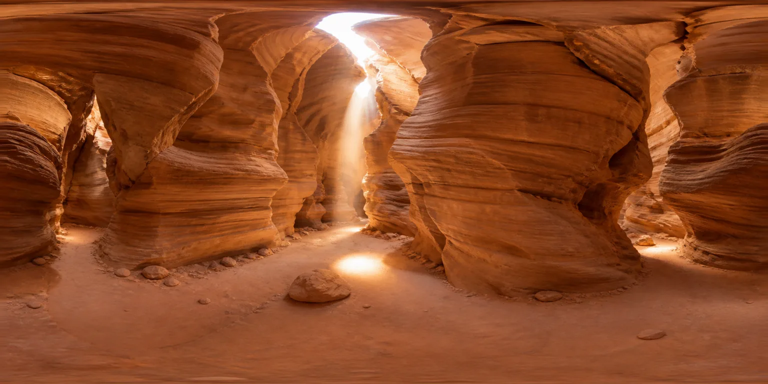 Slot canyon with layered sandstone walls and a shaft of sunlight