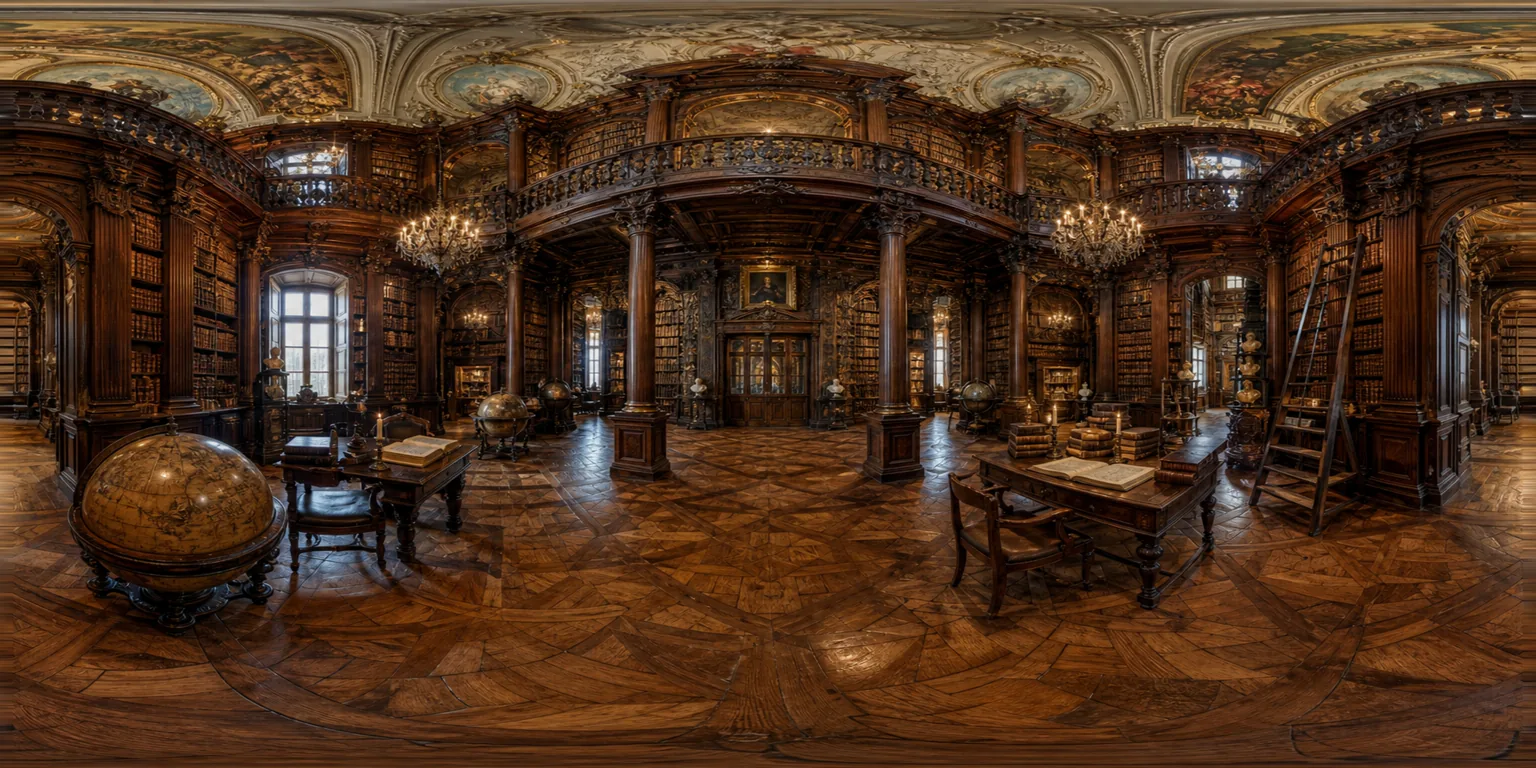 Baroque library aisle between towering bookshelves and a globe